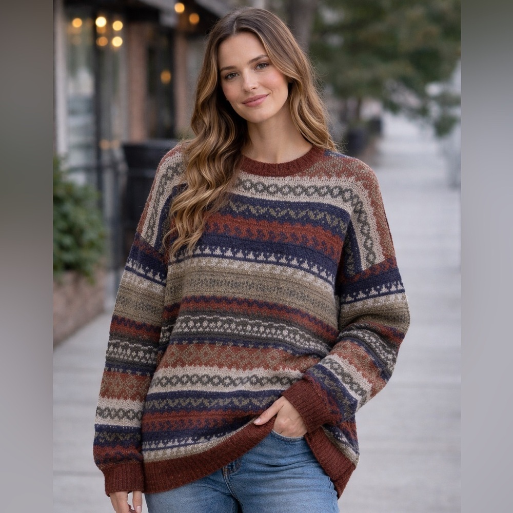 Vintage Fair Isle Striped Oversized‎ Sweater XL Boho Grandpa Cozy Boyfriend Fit